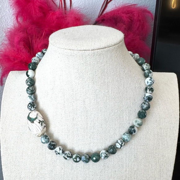 Artisan Jewelry - Artisan Moss Agate and Porcelain Beaded Necklace